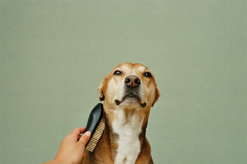 A dog being brushed by hand