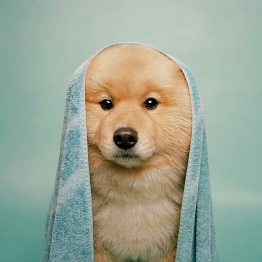 A freshly washed dog wrapped in a towel