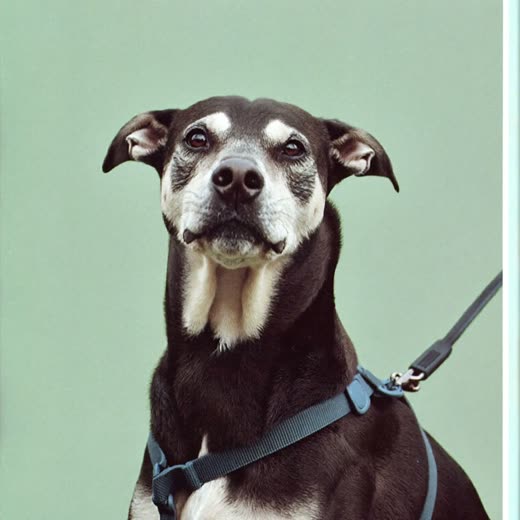 A dog in a harness ready for a walk