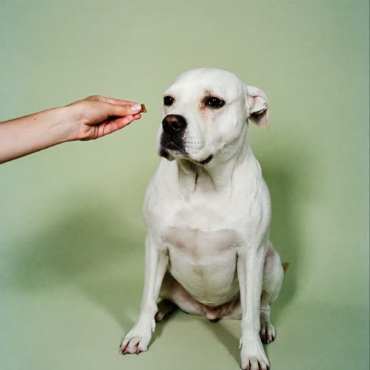 A dog sitting attentively for a treat